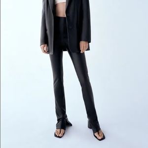 Extra long faux leather black leggings